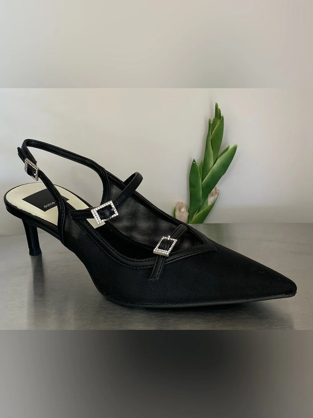 DOLCE VITA BLACK MESH KITTEN HEEL SLINGBACK PUMPS WITH RHINESTONE BUCKLES